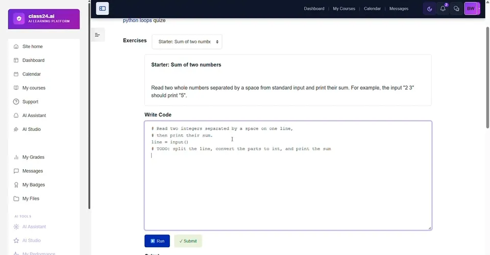 Class24 AI code exercise with an AI tutor.