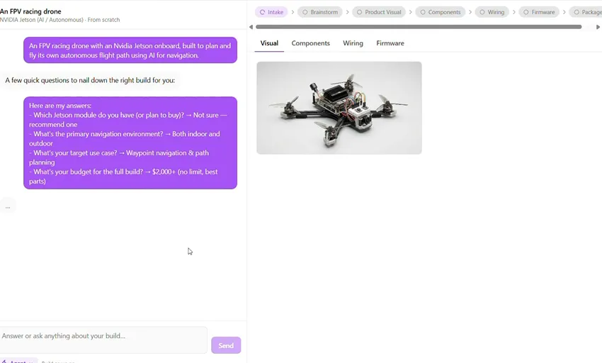 NovaArc Robotics planning an FPV drone with a concept render and clarifying questions.