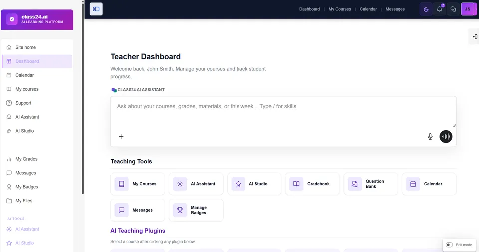 Class24 AI teacher dashboard with teaching tools and AI plugins.