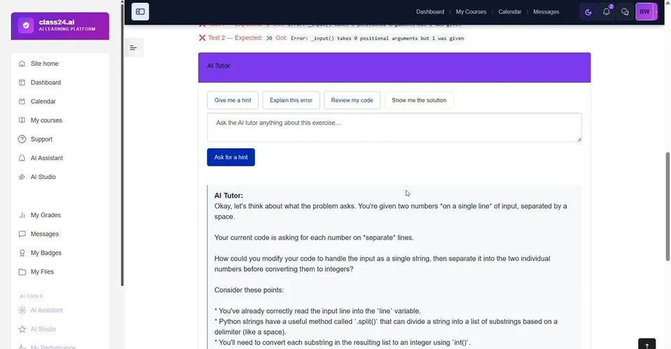 AI tutor giving a hint on failing tests.