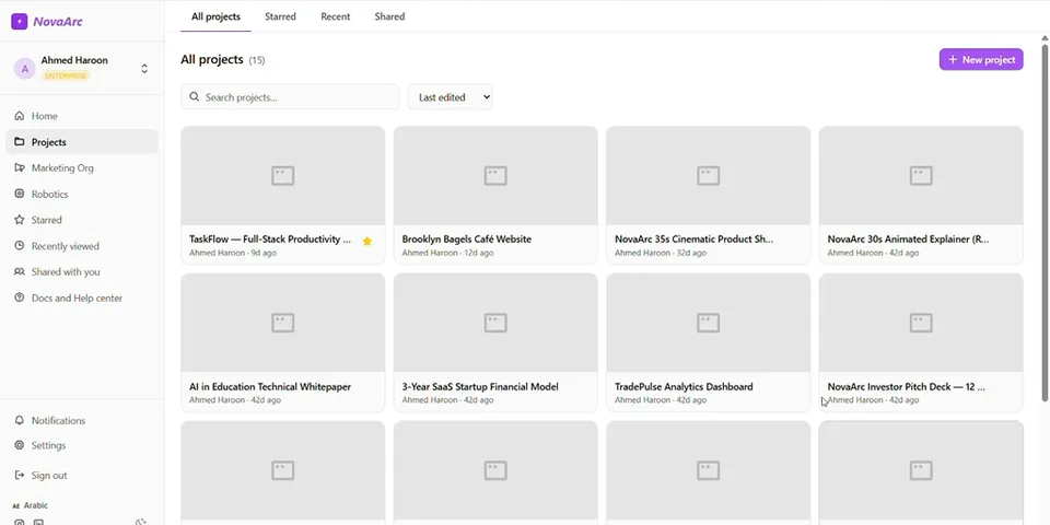 NovaArc projects page listing recent builds.