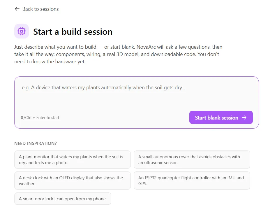 Start a build session in NovaArc Robotics.