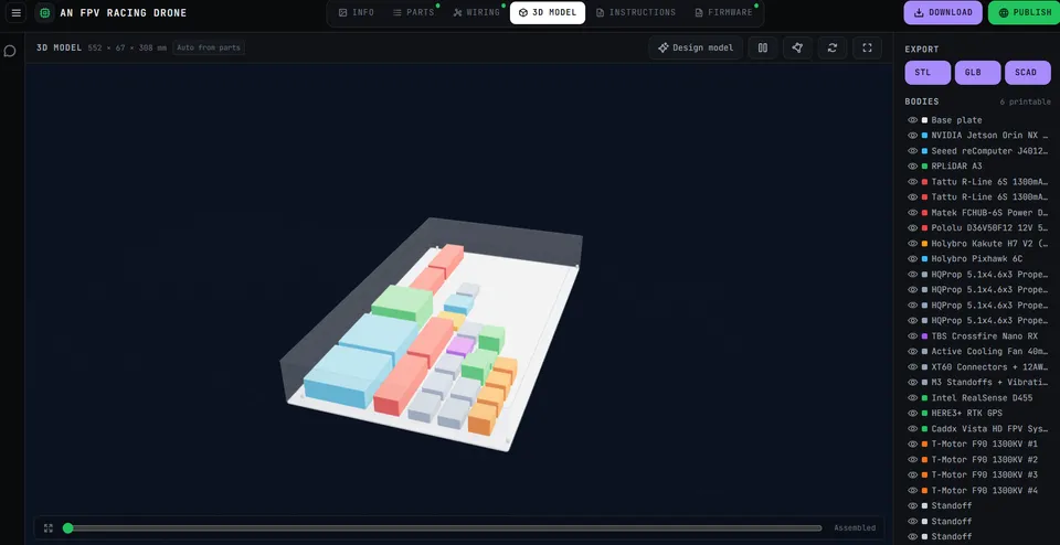 3D model tab with STL, GLB and SCAD export.