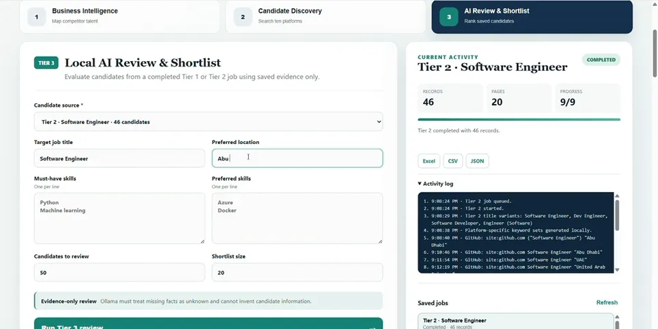 AI review and shortlist form with must-have and preferred skills.