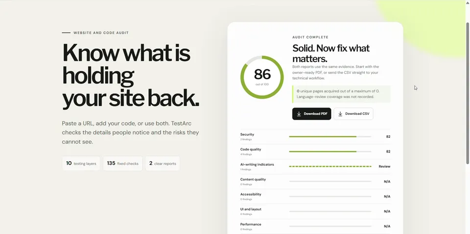 TestArc source code audit result with an overall score and a score per layer.